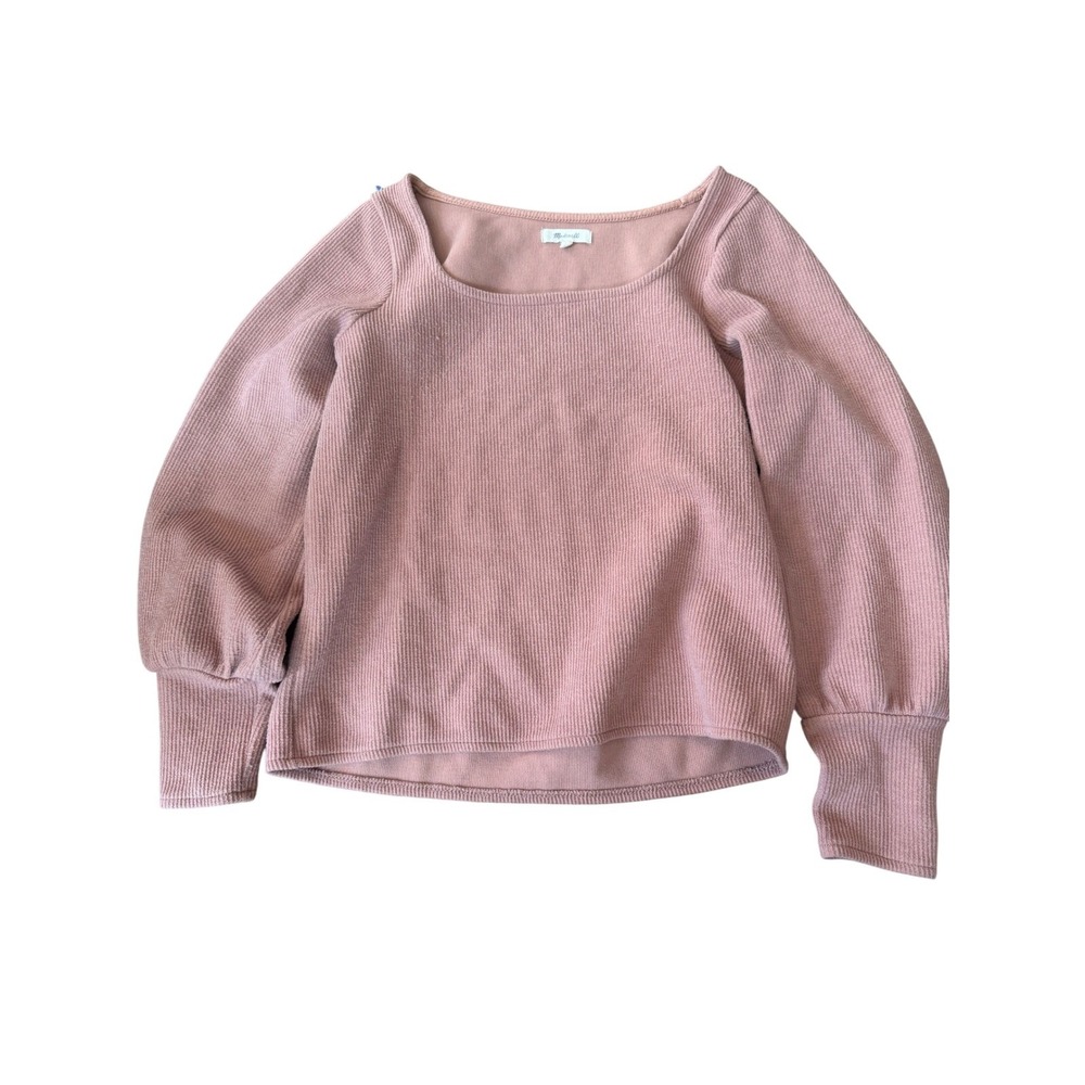 Madewell Dusty Rose Pink Ribbed Square Neck Puff Sleeve Pullover Top Womens M